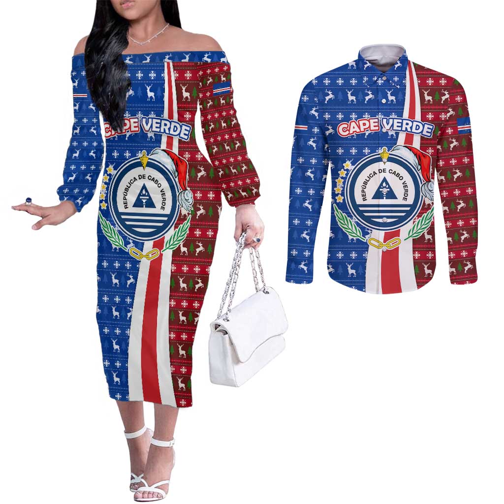 Cape Verde Christmas Couples Matching Off The Shoulder Long Sleeve Dress and Long Sleeve Button Shirt with Red and Blue Festive Pattern Christmas Tree and National Emblem Motif - Wonder Print Shop
