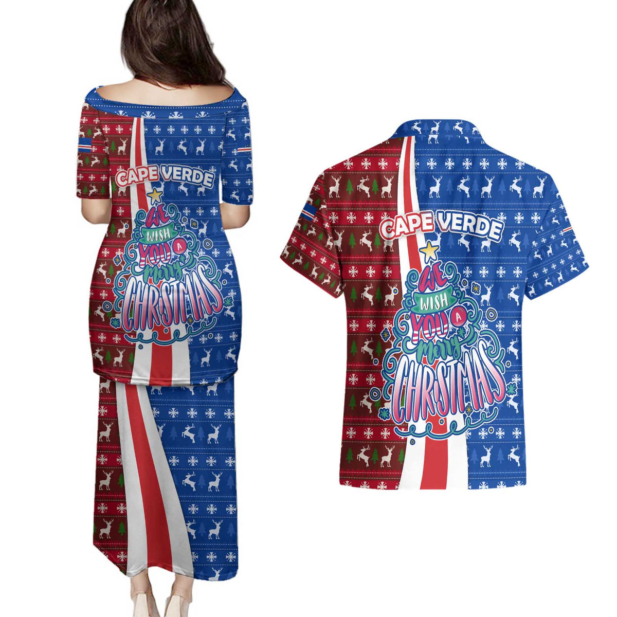 Cape Verde Christmas Couples Matching Puletasi and Hawaiian Shirt with Red and Blue Festive Pattern Christmas Tree and National Emblem Motif - Wonder Print Shop