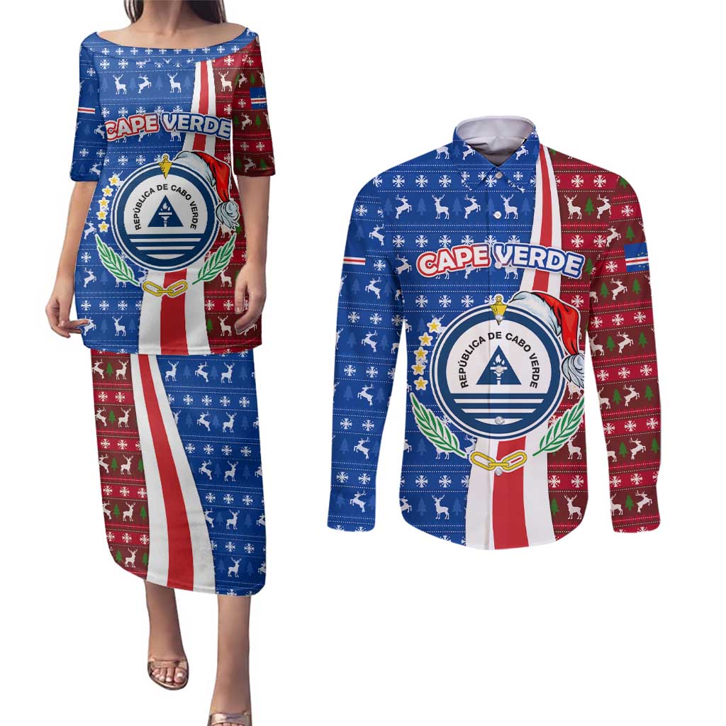 Cape Verde Christmas Couples Matching Puletasi and Long Sleeve Button Shirt with Red and Blue Festive Pattern Christmas Tree and National Emblem Motif - Wonder Print Shop