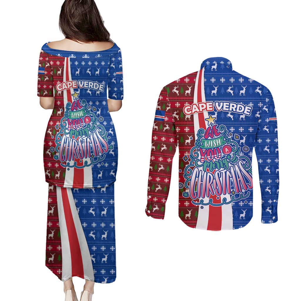 Cape Verde Christmas Couples Matching Puletasi and Long Sleeve Button Shirt with Red and Blue Festive Pattern Christmas Tree and National Emblem Motif - Wonder Print Shop