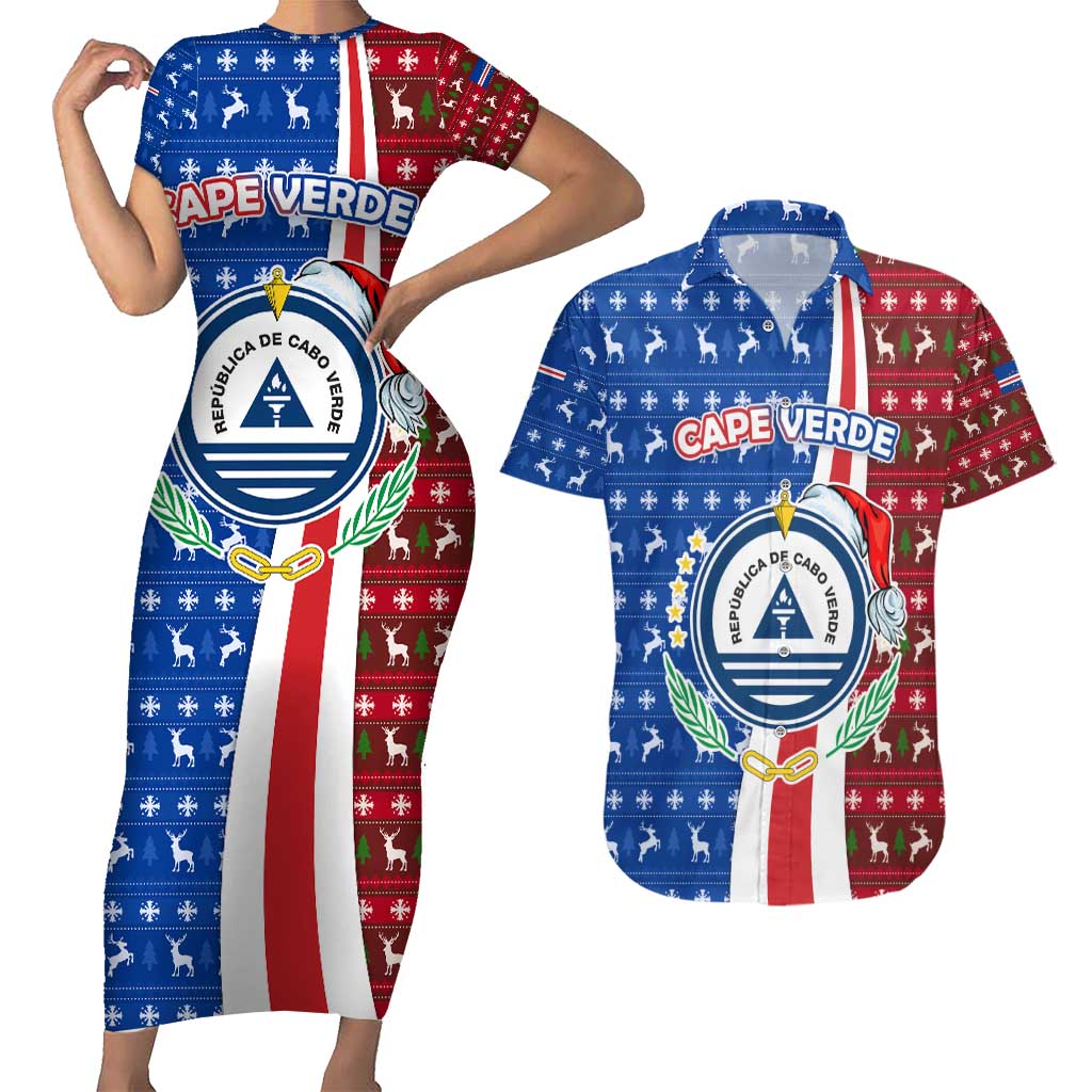 Cape Verde Christmas Couples Matching Short Sleeve Bodycon Dress and Hawaiian Shirt with Red and Blue Festive Pattern Christmas Tree and National Emblem Motif - Wonder Print Shop