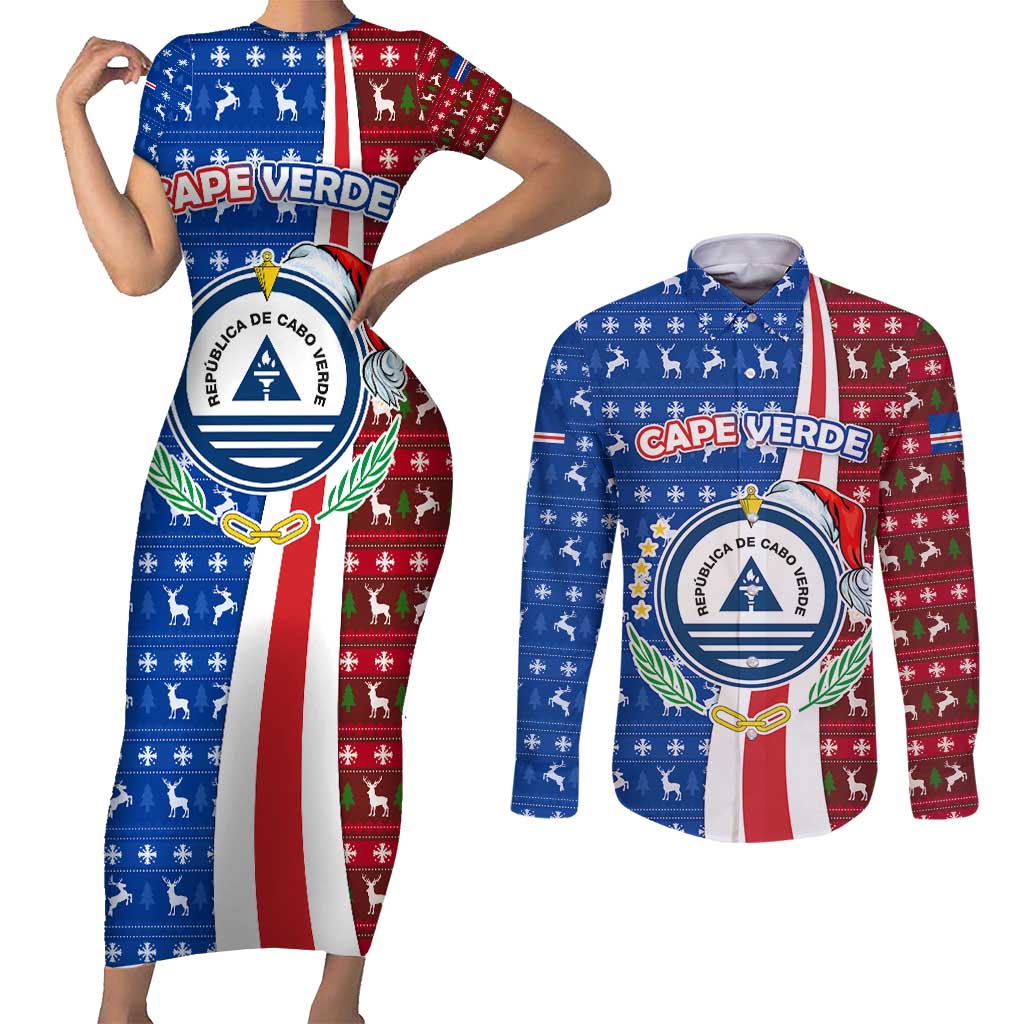 Cape Verde Christmas Couples Matching Short Sleeve Bodycon Dress and Long Sleeve Button Shirt with Red and Blue Festive Pattern Christmas Tree and National Emblem Motif - Wonder Print Shop