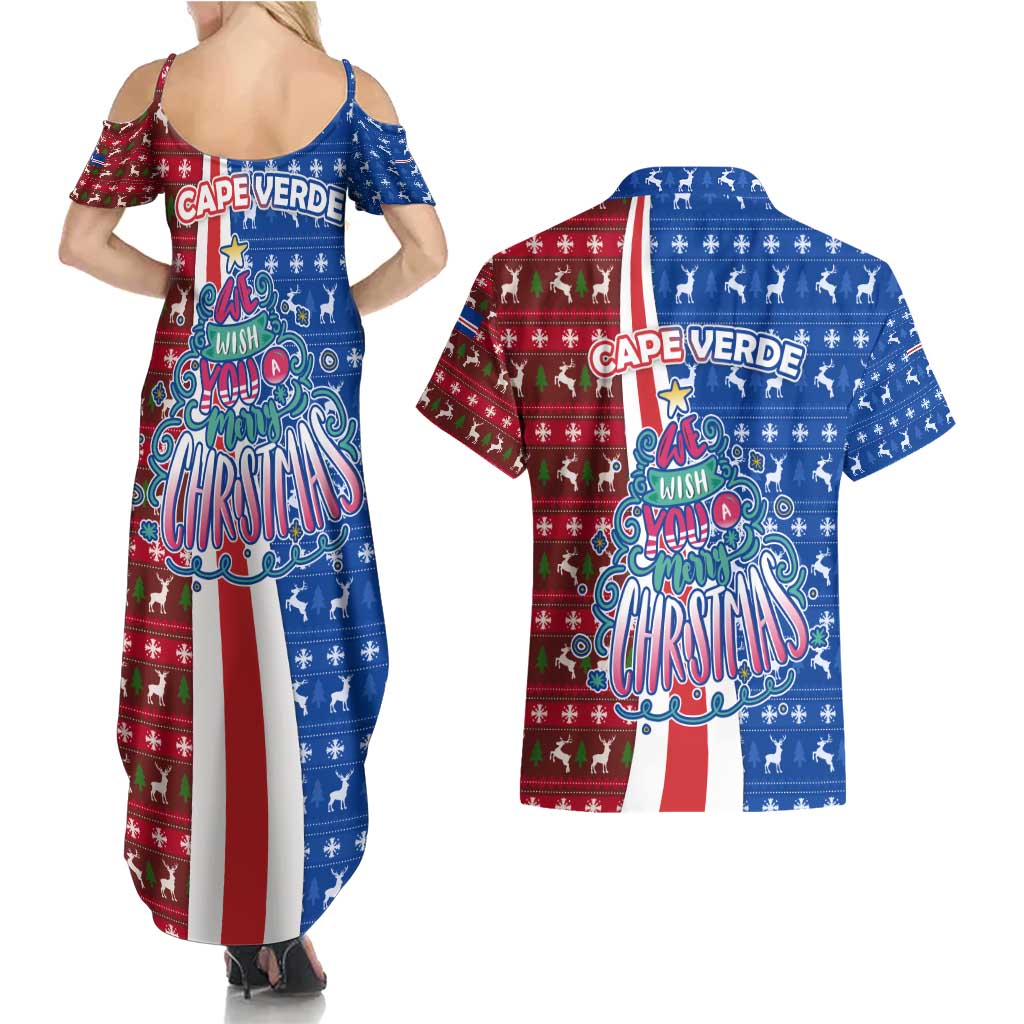 Cape Verde Christmas Couples Matching Summer Maxi Dress and Hawaiian Shirt with Red and Blue Festive Pattern Christmas Tree and National Emblem Motif - Wonder Print Shop