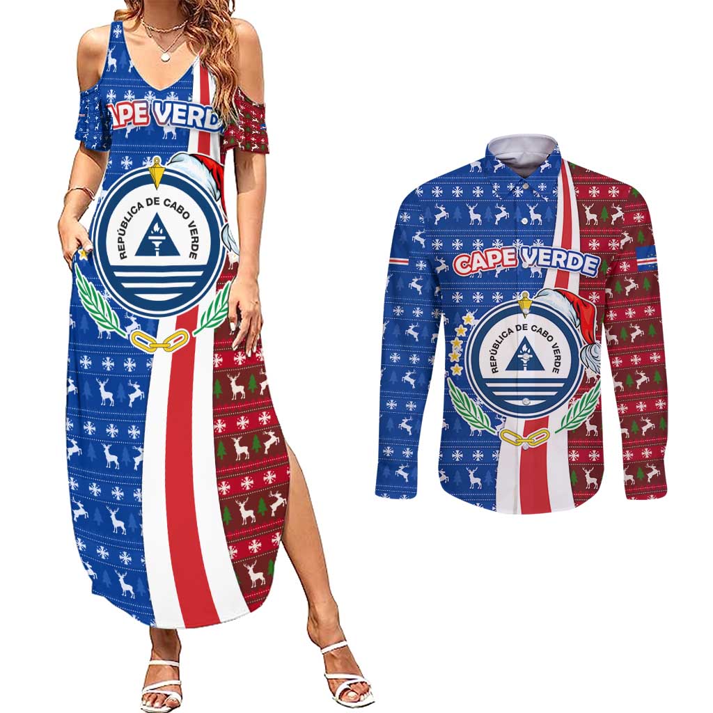 Cape Verde Christmas Couples Matching Summer Maxi Dress and Long Sleeve Button Shirt with Red and Blue Festive Pattern Christmas Tree and National Emblem Motif - Wonder Print Shop