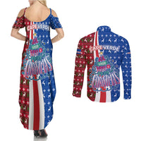 Cape Verde Christmas Couples Matching Summer Maxi Dress and Long Sleeve Button Shirt with Red and Blue Festive Pattern Christmas Tree and National Emblem Motif - Wonder Print Shop