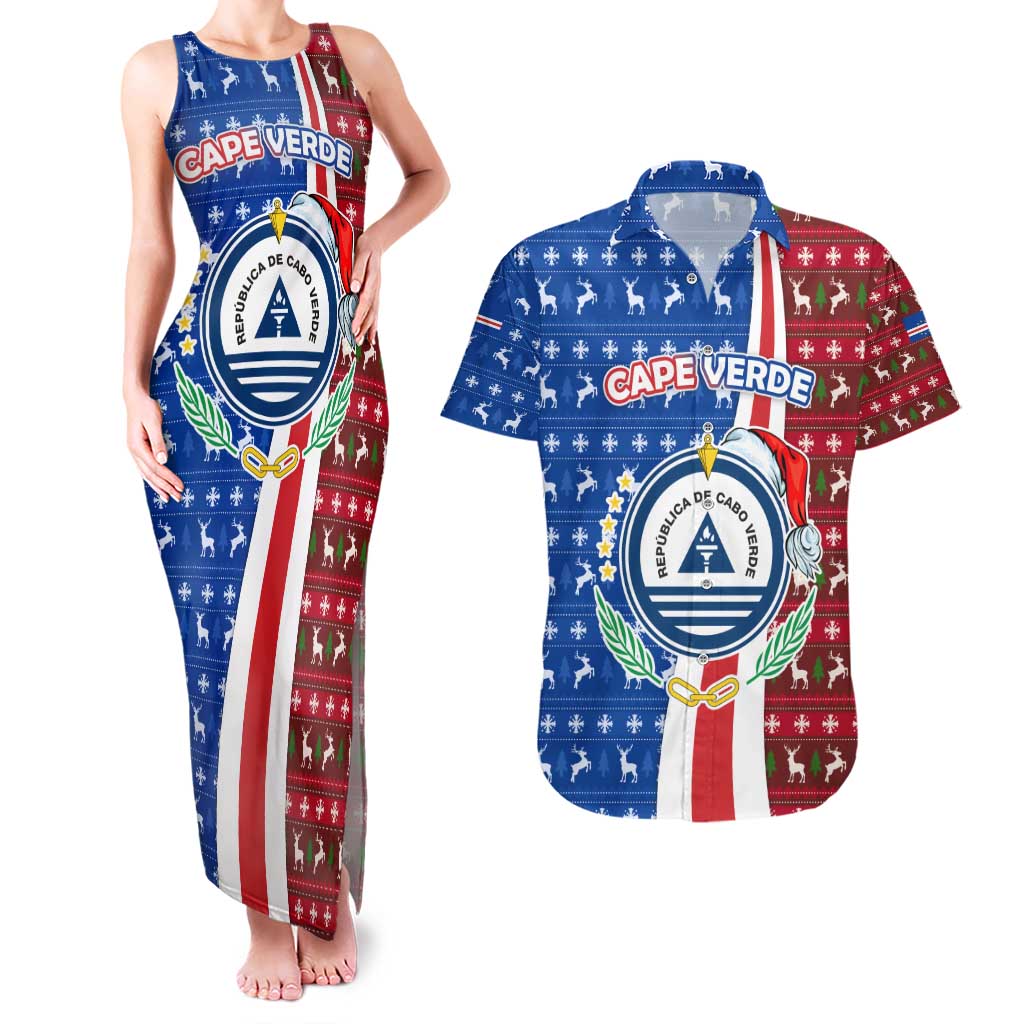 Cape Verde Christmas Couples Matching Tank Maxi Dress and Hawaiian Shirt with Red and Blue Festive Pattern Christmas Tree and National Emblem Motif - Wonder Print Shop