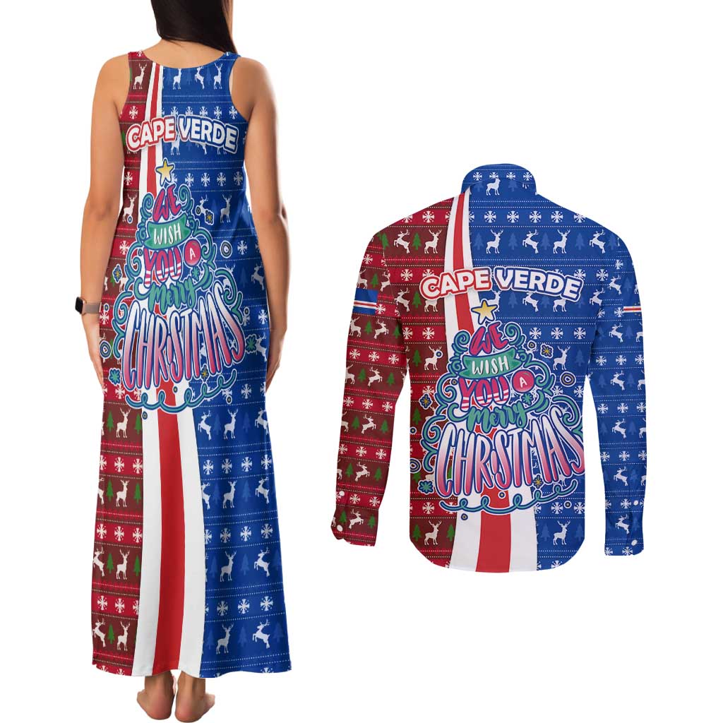 Cape Verde Christmas Couples Matching Tank Maxi Dress and Long Sleeve Button Shirt with Red and Blue Festive Pattern Christmas Tree and National Emblem Motif - Wonder Print Shop