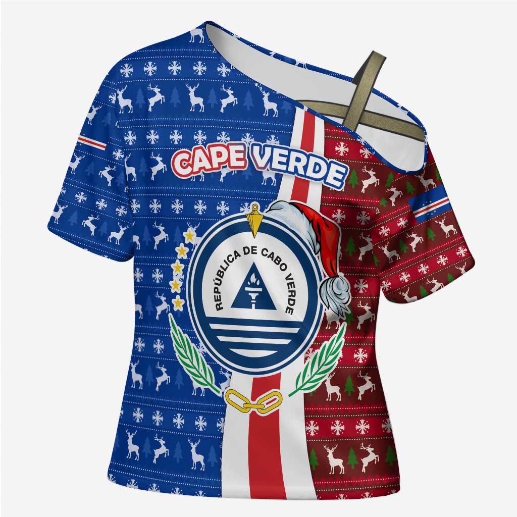 Cape Verde Christmas Cross Shoulder Shirt with Red and Blue Festive Pattern Christmas Tree and National Emblem Motif - Wonder Print Shop