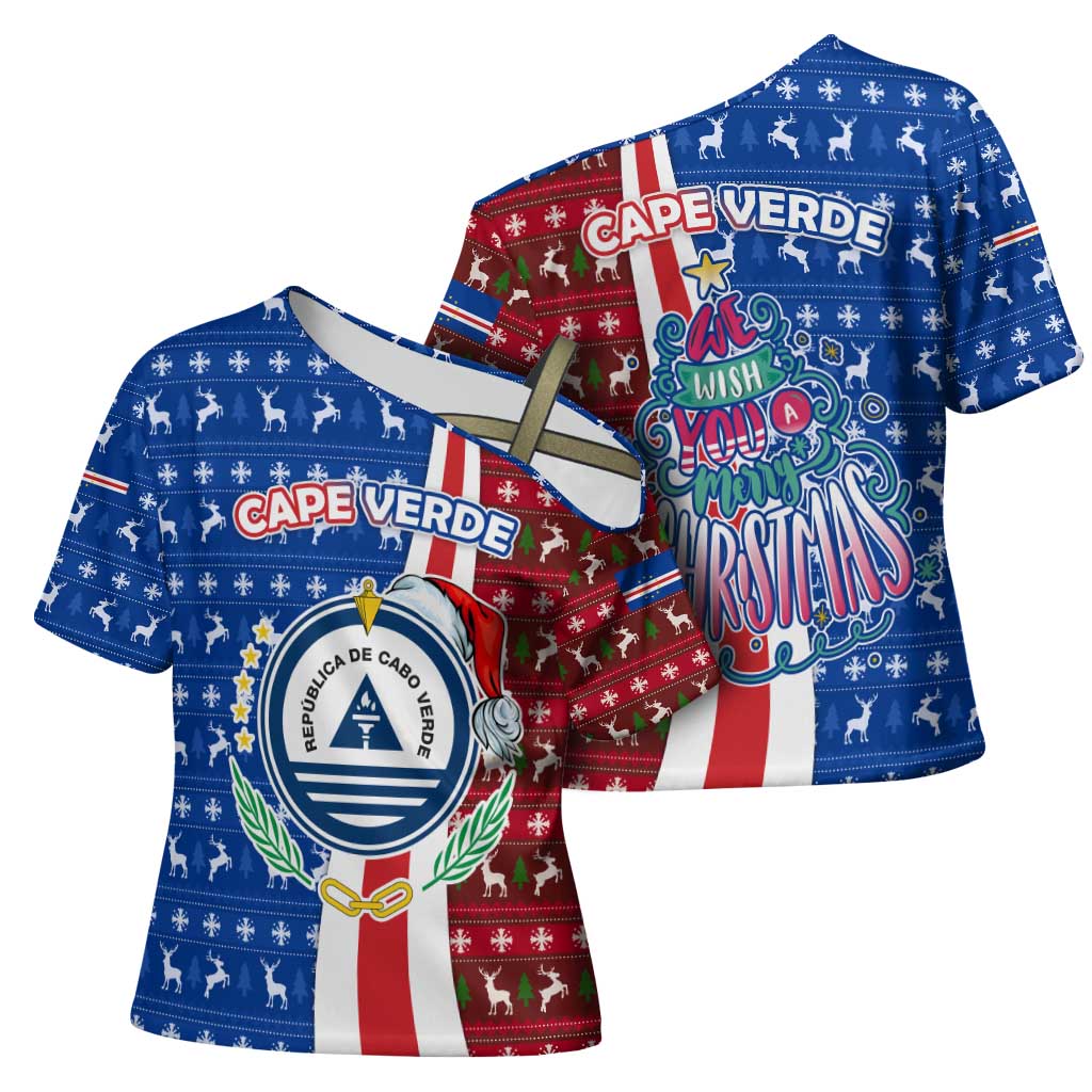Cape Verde Christmas Cross Shoulder Shirt with Red and Blue Festive Pattern Christmas Tree and National Emblem Motif - Wonder Print Shop