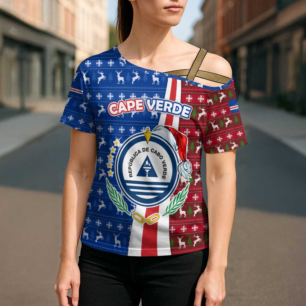 Cape Verde Christmas Cross Shoulder Shirt with Red and Blue Festive Pattern Christmas Tree and National Emblem Motif - Wonder Print Shop