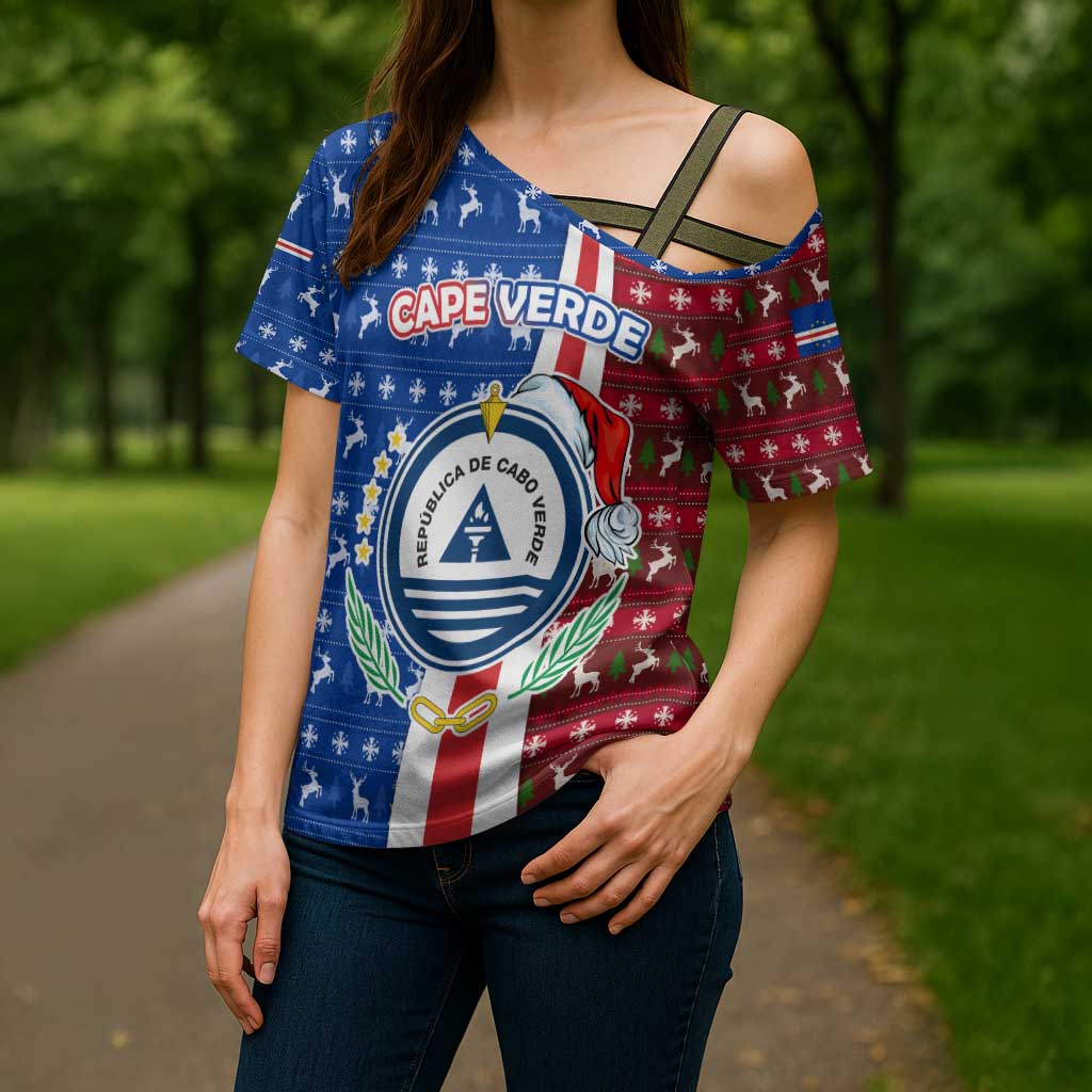 Cape Verde Christmas Cross Shoulder Shirt with Red and Blue Festive Pattern Christmas Tree and National Emblem Motif - Wonder Print Shop