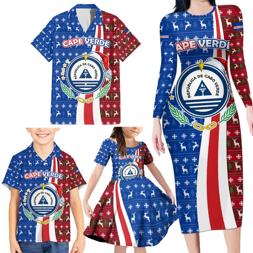 Cape Verde Christmas Family Matching Long Sleeve Bodycon Dress and Hawaiian Shirt with Red and Blue Festive Pattern Christmas Tree and National Emblem Motif - Wonder Print Shop