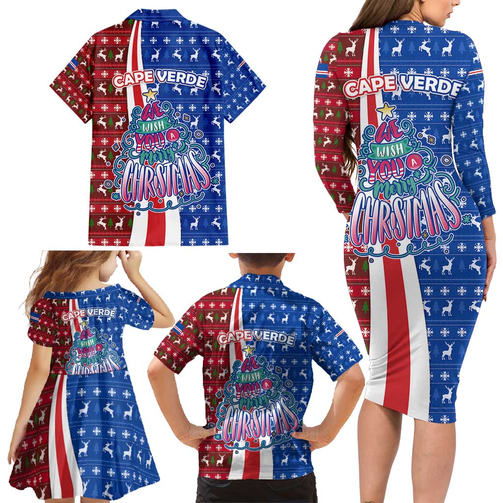 Cape Verde Christmas Family Matching Long Sleeve Bodycon Dress and Hawaiian Shirt with Red and Blue Festive Pattern Christmas Tree and National Emblem Motif - Wonder Print Shop