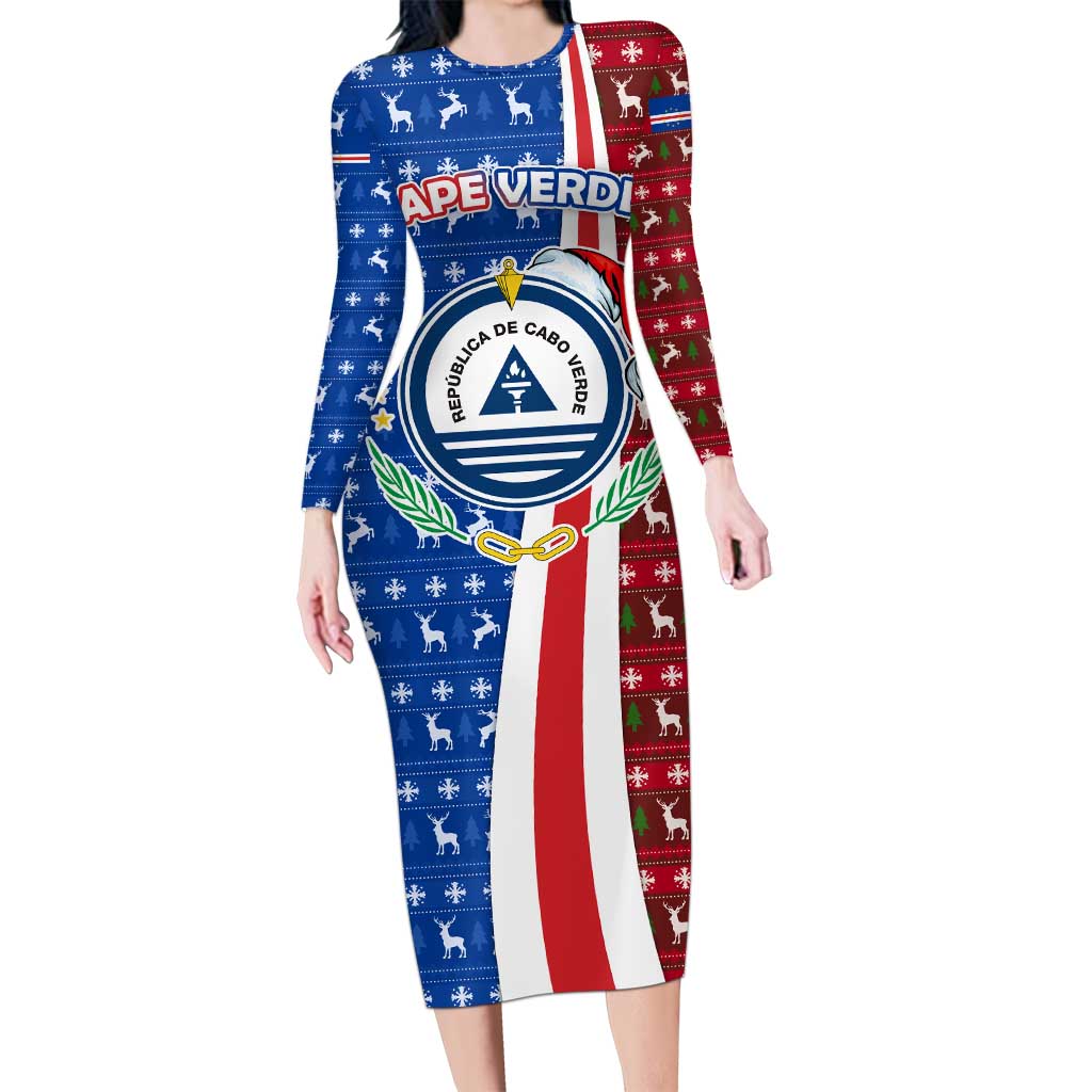 Cape Verde Christmas Family Matching Long Sleeve Bodycon Dress and Hawaiian Shirt with Red and Blue Festive Pattern Christmas Tree and National Emblem Motif - Wonder Print Shop