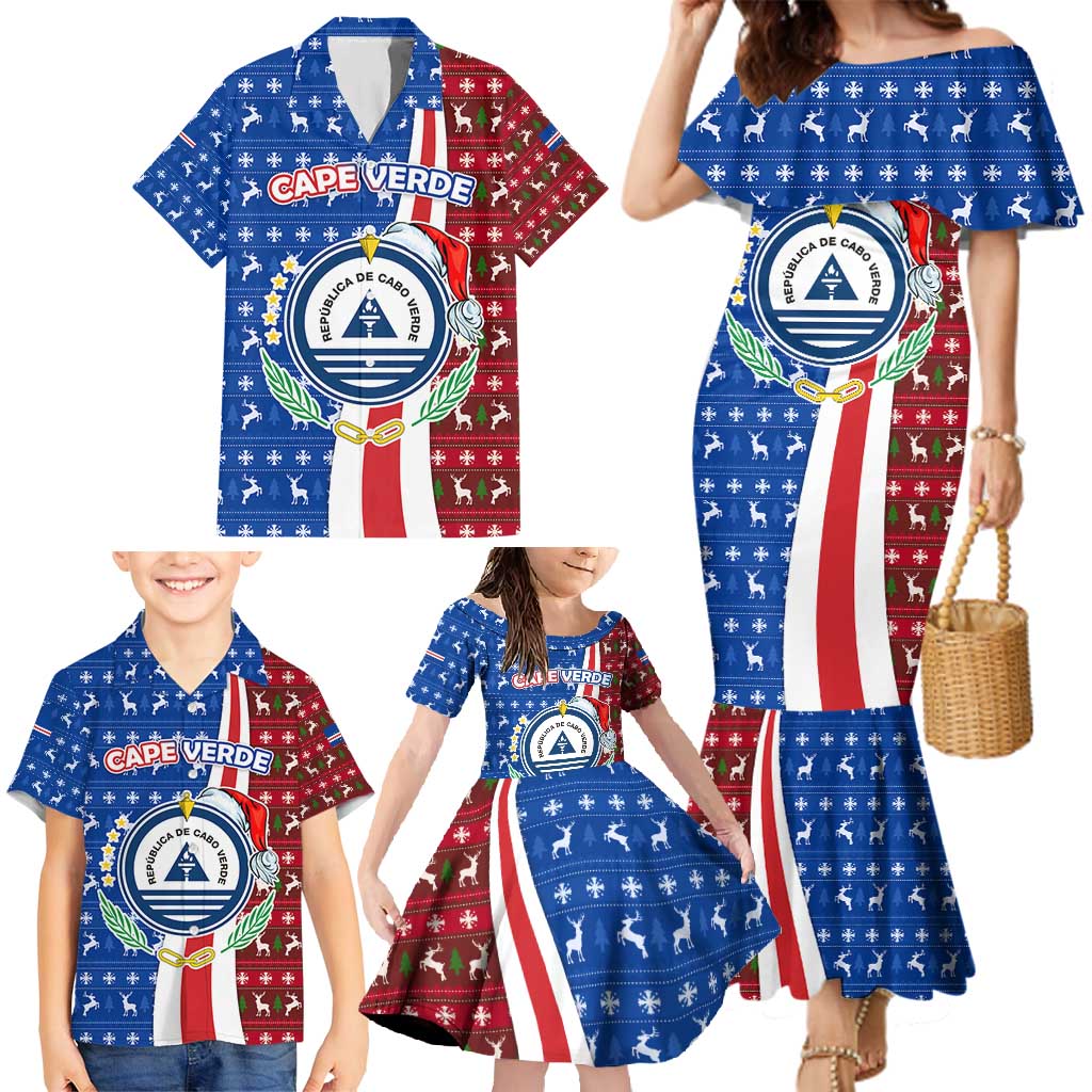 Cape Verde Christmas Family Matching Mermaid Dress and Hawaiian Shirt with Red and Blue Festive Pattern Christmas Tree and National Emblem Motif - Wonder Print Shop