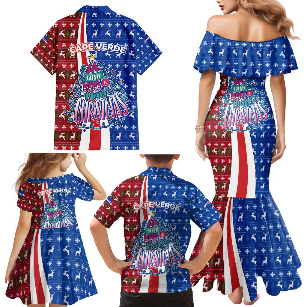 Cape Verde Christmas Family Matching Mermaid Dress and Hawaiian Shirt with Red and Blue Festive Pattern Christmas Tree and National Emblem Motif - Wonder Print Shop