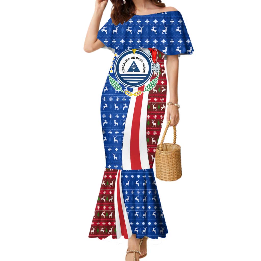 Cape Verde Christmas Family Matching Mermaid Dress and Hawaiian Shirt with Red and Blue Festive Pattern Christmas Tree and National Emblem Motif - Wonder Print Shop