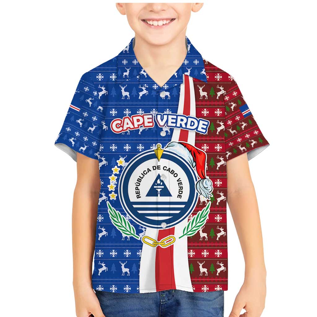 Cape Verde Christmas Family Matching Mermaid Dress and Hawaiian Shirt with Red and Blue Festive Pattern Christmas Tree and National Emblem Motif - Wonder Print Shop
