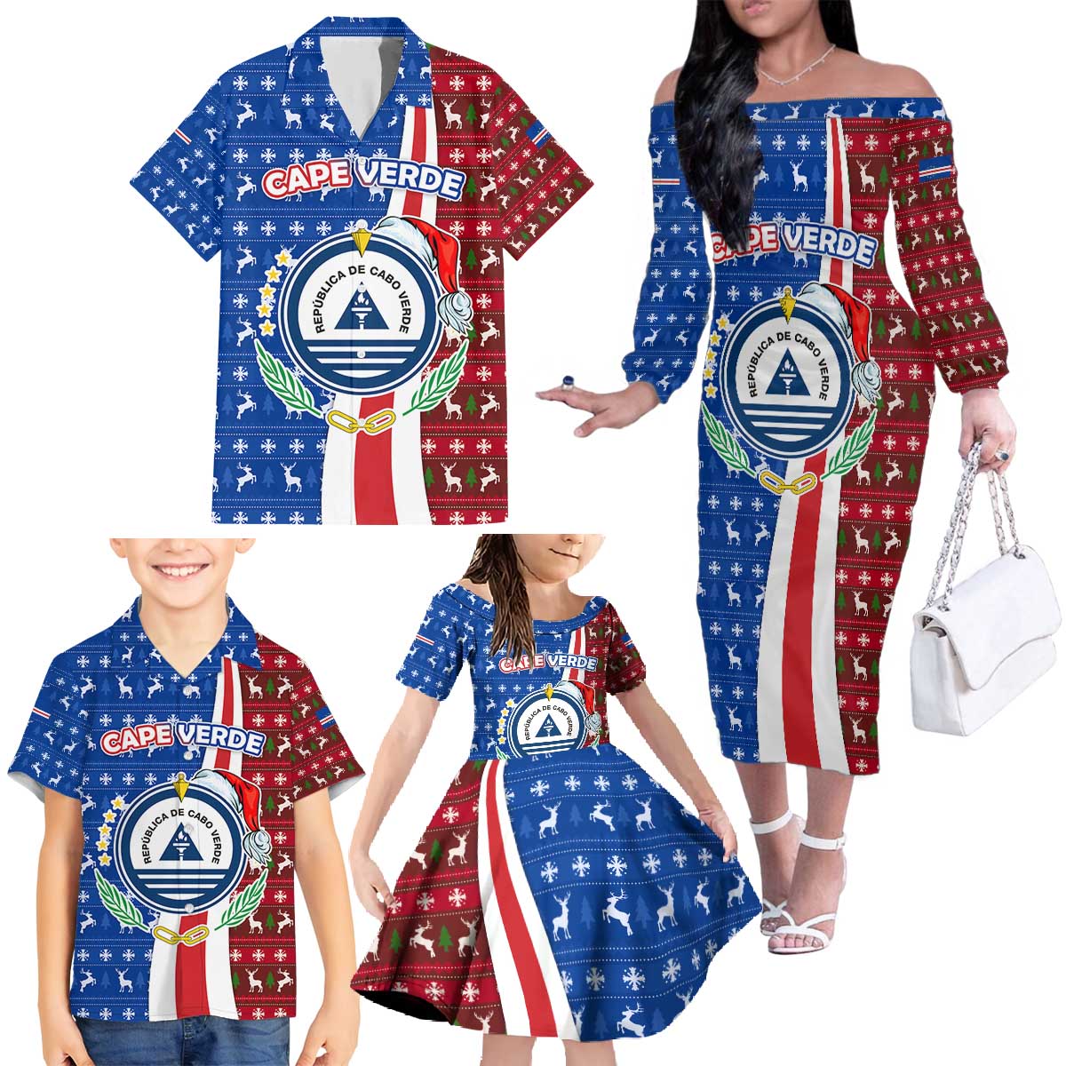 Cape Verde Christmas Family Matching Off The Shoulder Long Sleeve Dress and Hawaiian Shirt with Red and Blue Festive Pattern Christmas Tree and National Emblem Motif - Wonder Print Shop