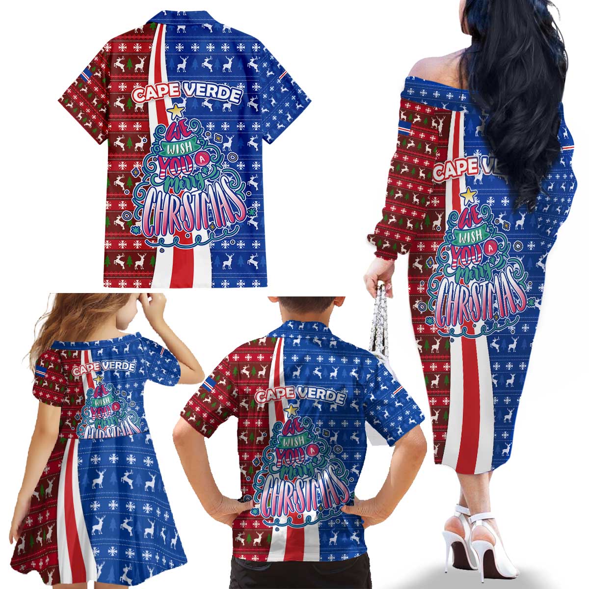 Cape Verde Christmas Family Matching Off The Shoulder Long Sleeve Dress and Hawaiian Shirt with Red and Blue Festive Pattern Christmas Tree and National Emblem Motif - Wonder Print Shop