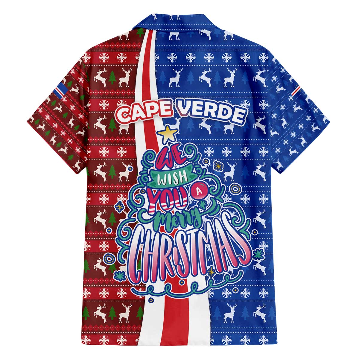 Cape Verde Christmas Family Matching Off The Shoulder Long Sleeve Dress and Hawaiian Shirt with Red and Blue Festive Pattern Christmas Tree and National Emblem Motif - Wonder Print Shop