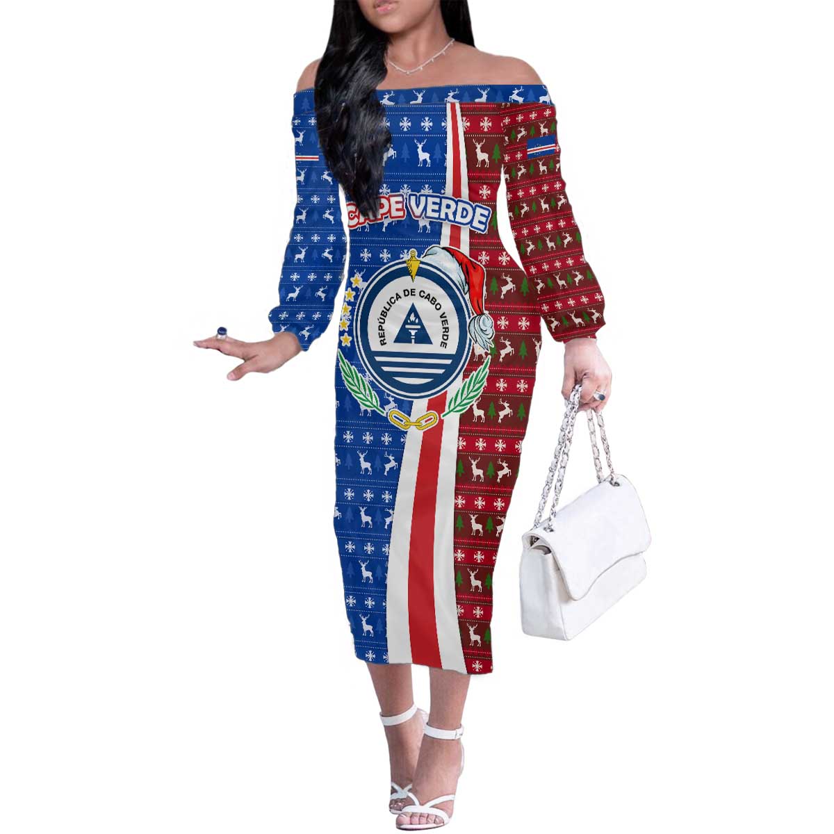 Cape Verde Christmas Family Matching Off The Shoulder Long Sleeve Dress and Hawaiian Shirt with Red and Blue Festive Pattern Christmas Tree and National Emblem Motif - Wonder Print Shop