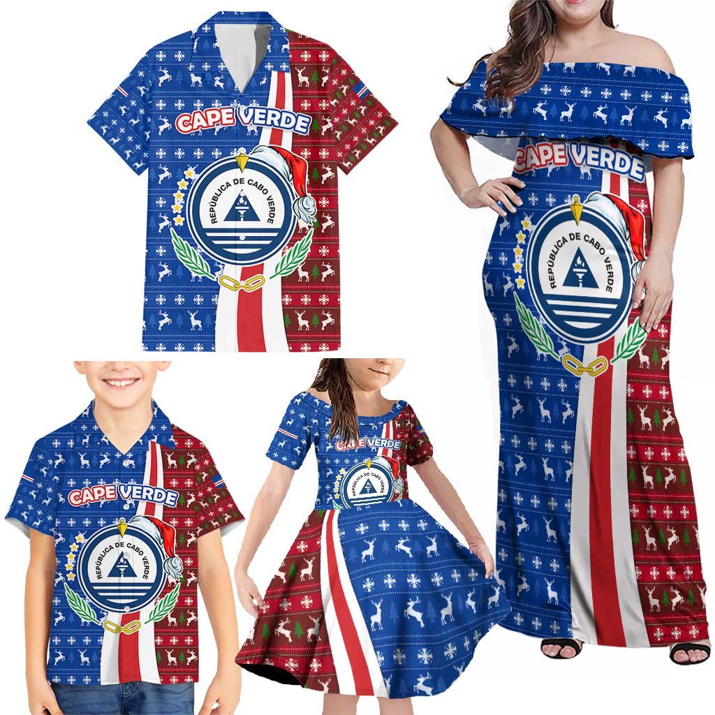 Cape Verde Christmas Family Matching Off Shoulder Maxi Dress and Hawaiian Shirt with Red and Blue Festive Pattern Christmas Tree and National Emblem Motif - Wonder Print Shop