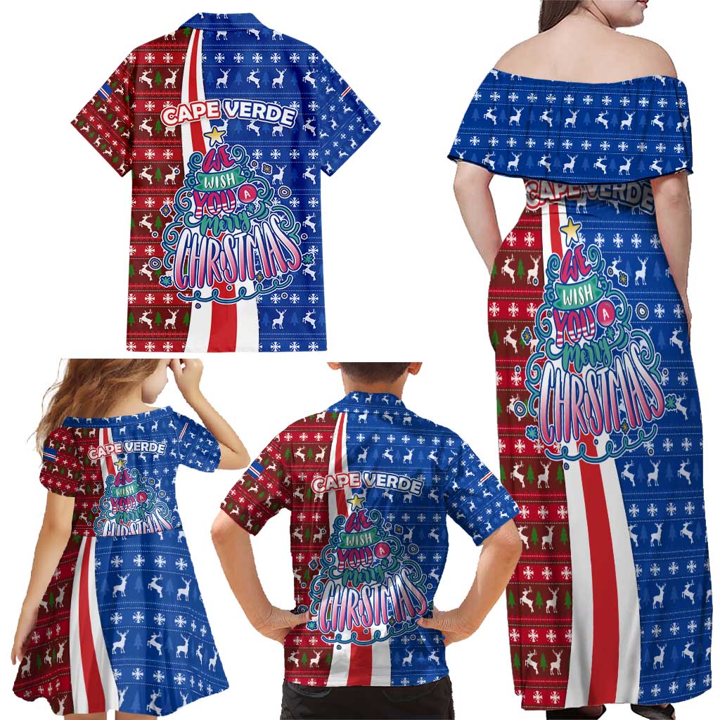 Cape Verde Christmas Family Matching Off Shoulder Maxi Dress and Hawaiian Shirt with Red and Blue Festive Pattern Christmas Tree and National Emblem Motif - Wonder Print Shop