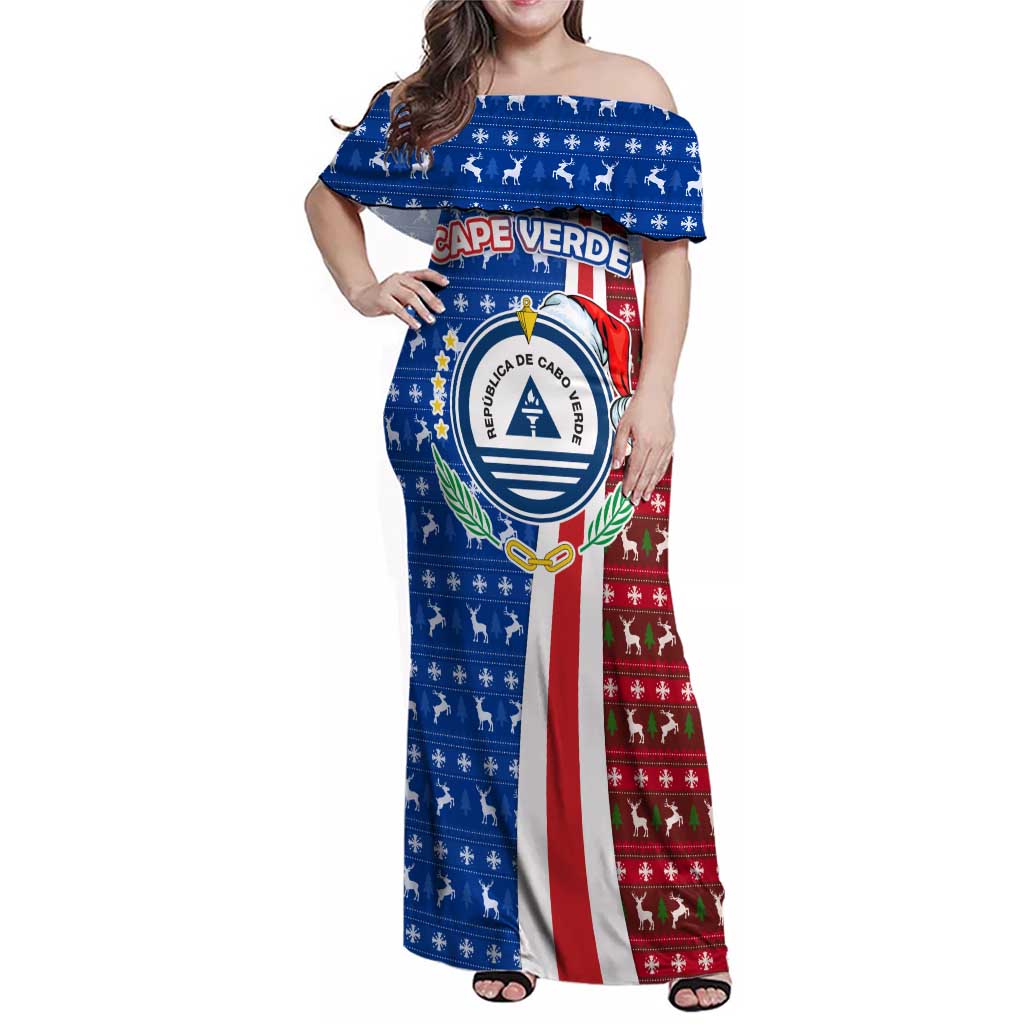 Cape Verde Christmas Family Matching Off Shoulder Maxi Dress and Hawaiian Shirt with Red and Blue Festive Pattern Christmas Tree and National Emblem Motif - Wonder Print Shop