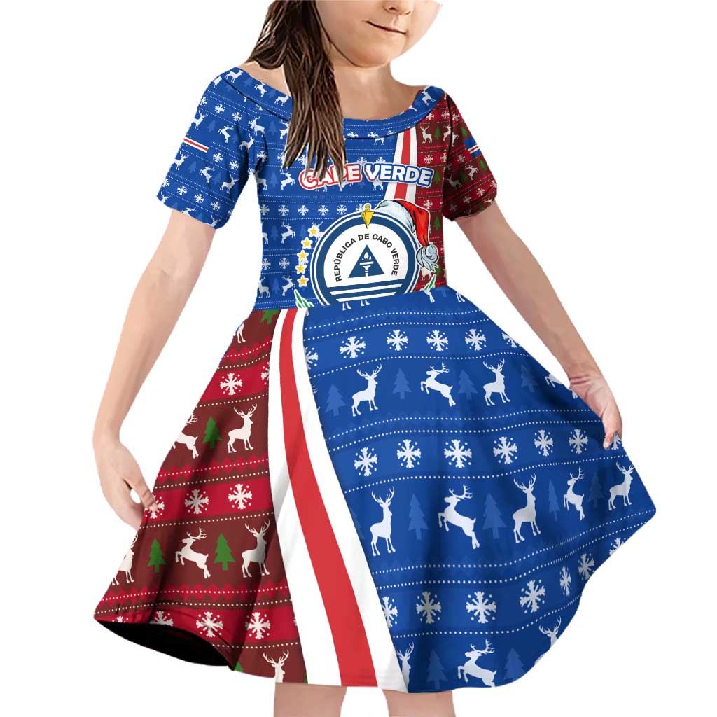 Cape Verde Christmas Family Matching Off Shoulder Short Dress and Hawaiian Shirt with Red and Blue Festive Pattern Christmas Tree and National Emblem Motif - Wonder Print Shop