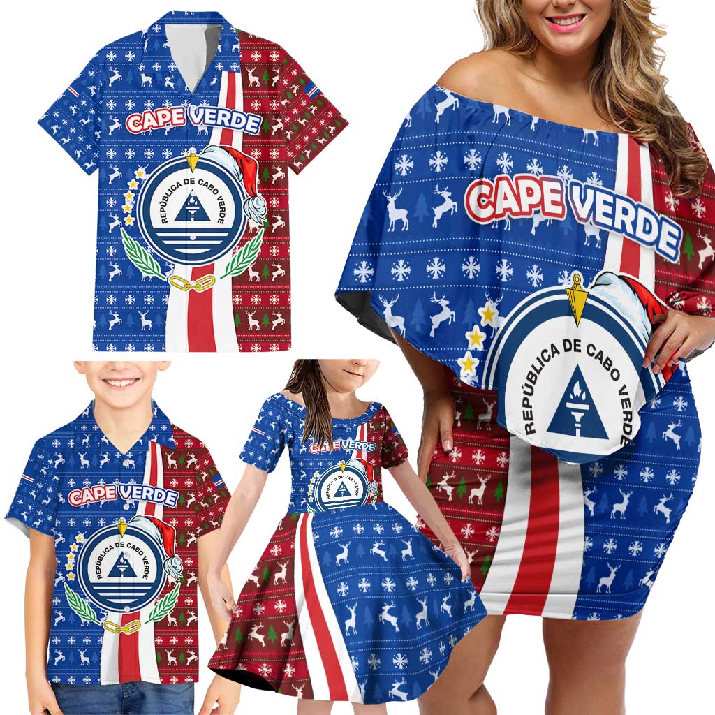 Cape Verde Christmas Family Matching Off Shoulder Short Dress and Hawaiian Shirt with Red and Blue Festive Pattern Christmas Tree and National Emblem Motif - Wonder Print Shop