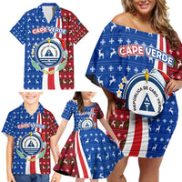 Cape Verde Christmas Family Matching Off Shoulder Short Dress and Hawaiian Shirt with Red and Blue Festive Pattern Christmas Tree and National Emblem Motif - Wonder Print Shop