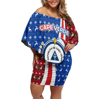 Cape Verde Christmas Family Matching Off Shoulder Short Dress and Hawaiian Shirt with Red and Blue Festive Pattern Christmas Tree and National Emblem Motif - Wonder Print Shop