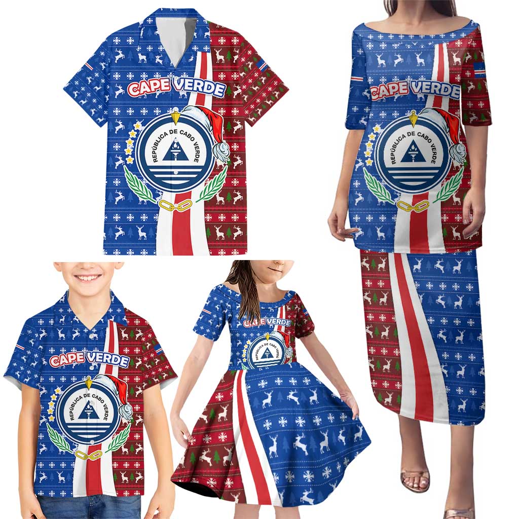 Cape Verde Christmas Family Matching Puletasi and Hawaiian Shirt with Red and Blue Festive Pattern Christmas Tree and National Emblem Motif - Wonder Print Shop