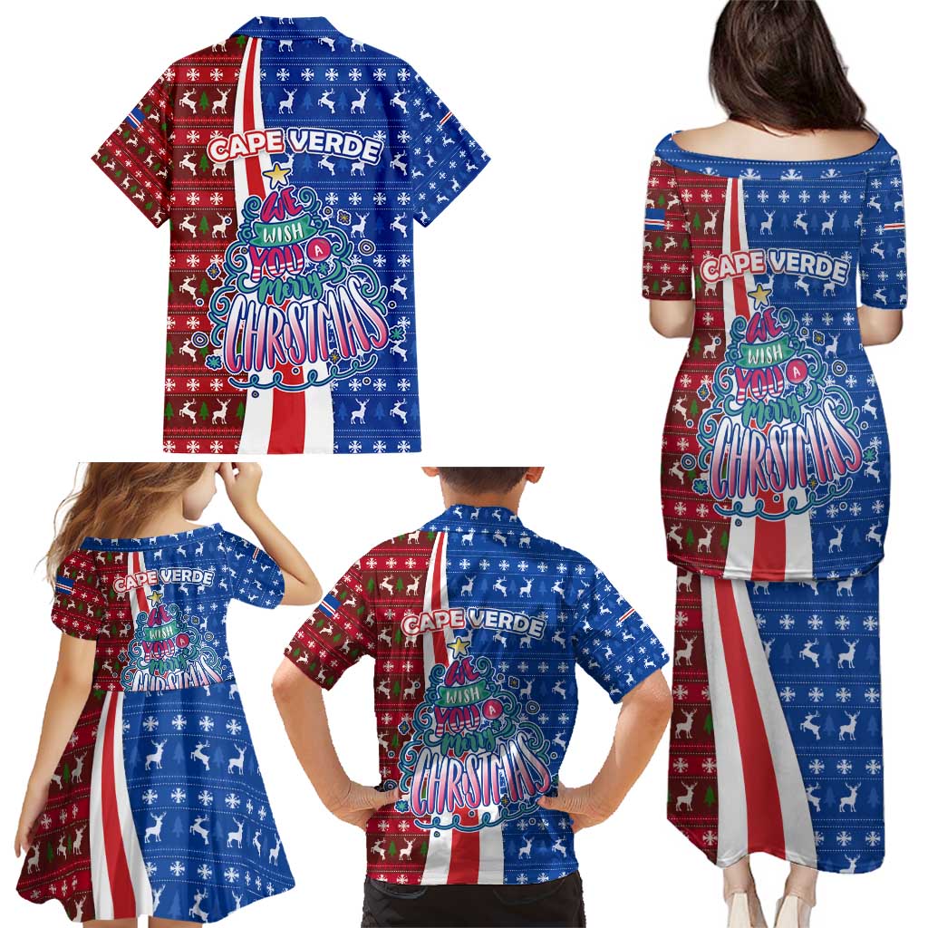 Cape Verde Christmas Family Matching Puletasi and Hawaiian Shirt with Red and Blue Festive Pattern Christmas Tree and National Emblem Motif - Wonder Print Shop