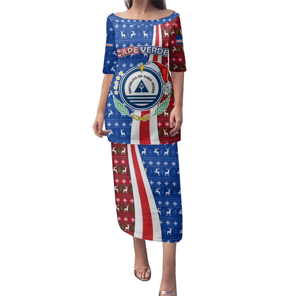 Cape Verde Christmas Family Matching Puletasi and Hawaiian Shirt with Red and Blue Festive Pattern Christmas Tree and National Emblem Motif - Wonder Print Shop