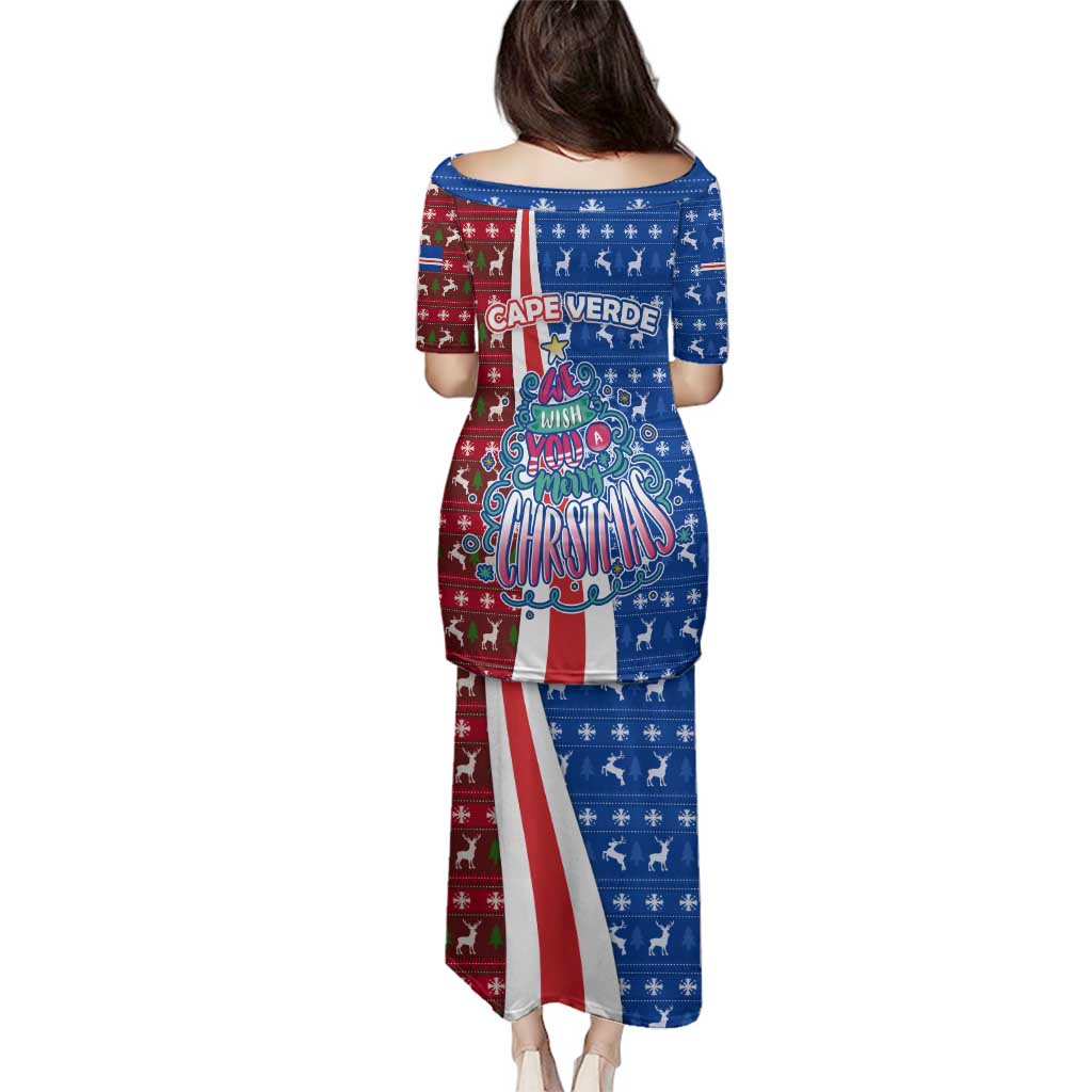 Cape Verde Christmas Family Matching Puletasi and Hawaiian Shirt with Red and Blue Festive Pattern Christmas Tree and National Emblem Motif - Wonder Print Shop