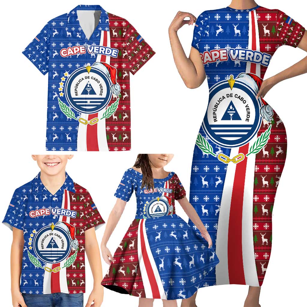 Cape Verde Christmas Family Matching Short Sleeve Bodycon Dress and Hawaiian Shirt with Red and Blue Festive Pattern Christmas Tree and National Emblem Motif - Wonder Print Shop