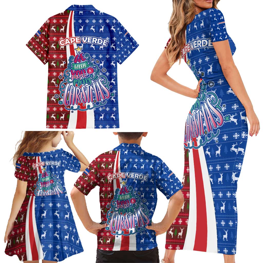 Cape Verde Christmas Family Matching Short Sleeve Bodycon Dress and Hawaiian Shirt with Red and Blue Festive Pattern Christmas Tree and National Emblem Motif - Wonder Print Shop