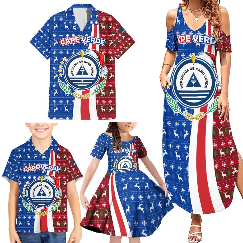Cape Verde Christmas Family Matching Summer Maxi Dress and Hawaiian Shirt with Red and Blue Festive Pattern Christmas Tree and National Emblem Motif - Wonder Print Shop