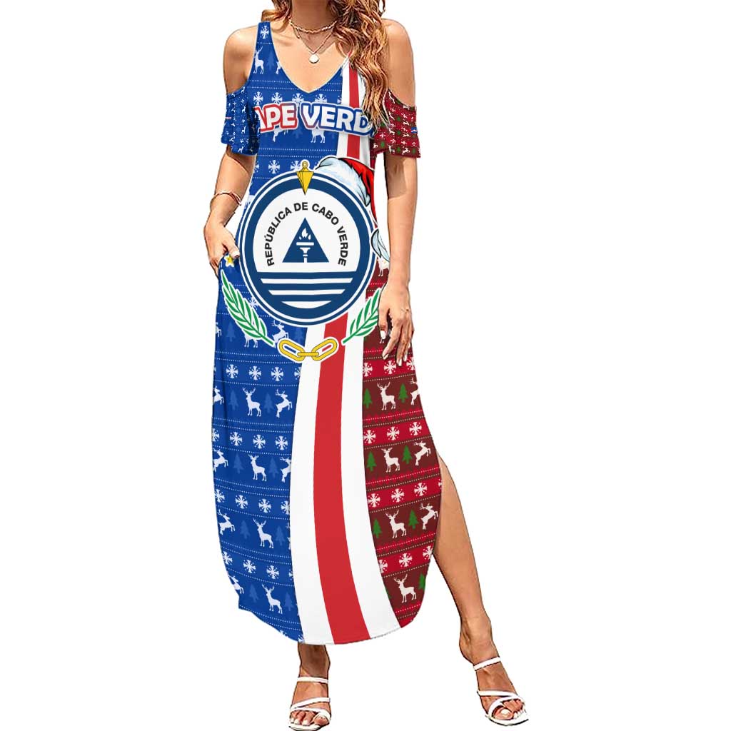 Cape Verde Christmas Family Matching Summer Maxi Dress and Hawaiian Shirt with Red and Blue Festive Pattern Christmas Tree and National Emblem Motif - Wonder Print Shop