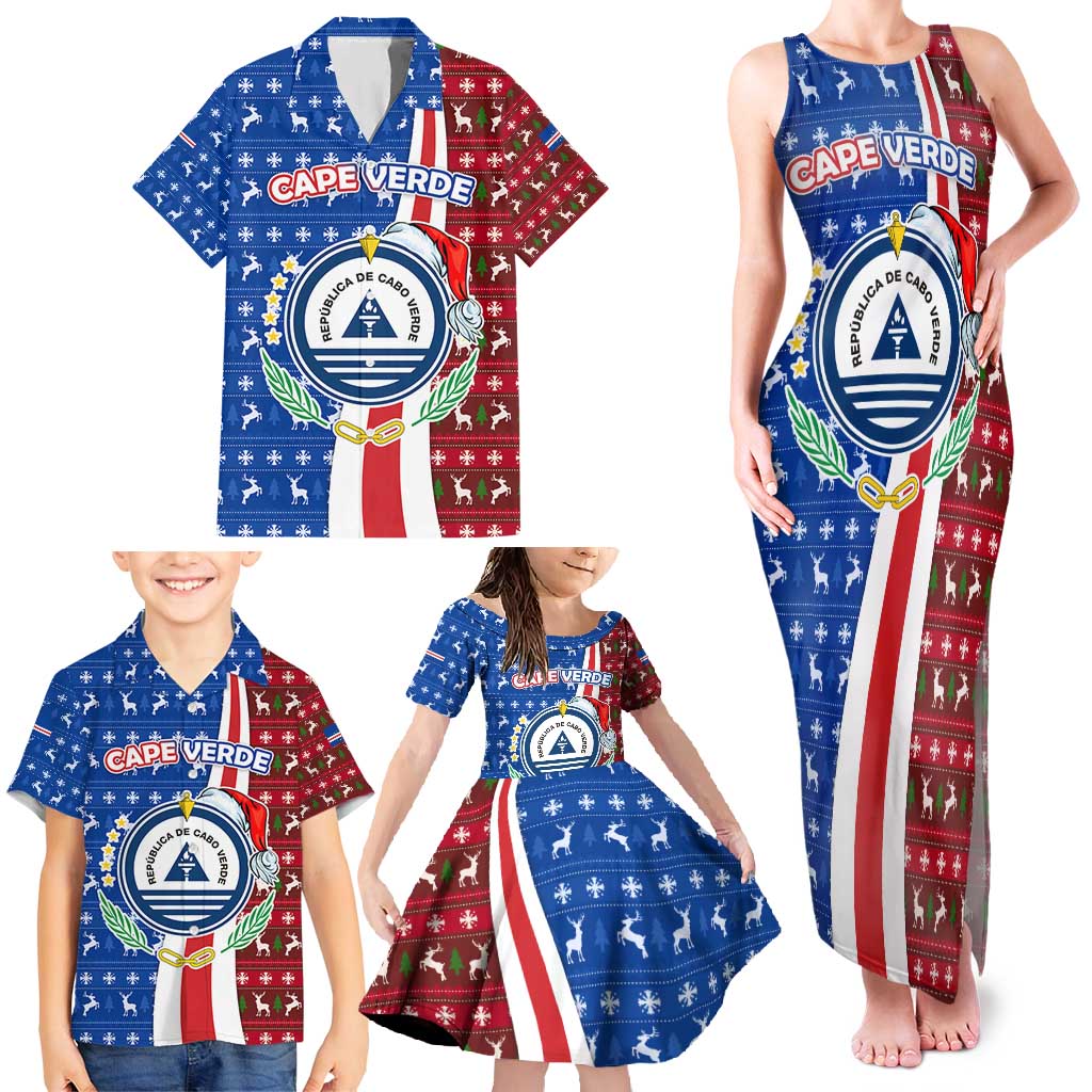 Cape Verde Christmas Family Matching Tank Maxi Dress and Hawaiian Shirt with Red and Blue Festive Pattern Christmas Tree and National Emblem Motif - Wonder Print Shop