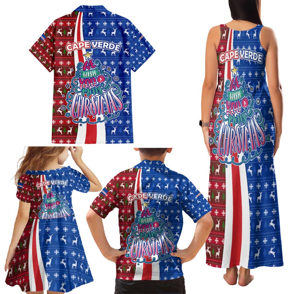 Cape Verde Christmas Family Matching Tank Maxi Dress and Hawaiian Shirt with Red and Blue Festive Pattern Christmas Tree and National Emblem Motif - Wonder Print Shop