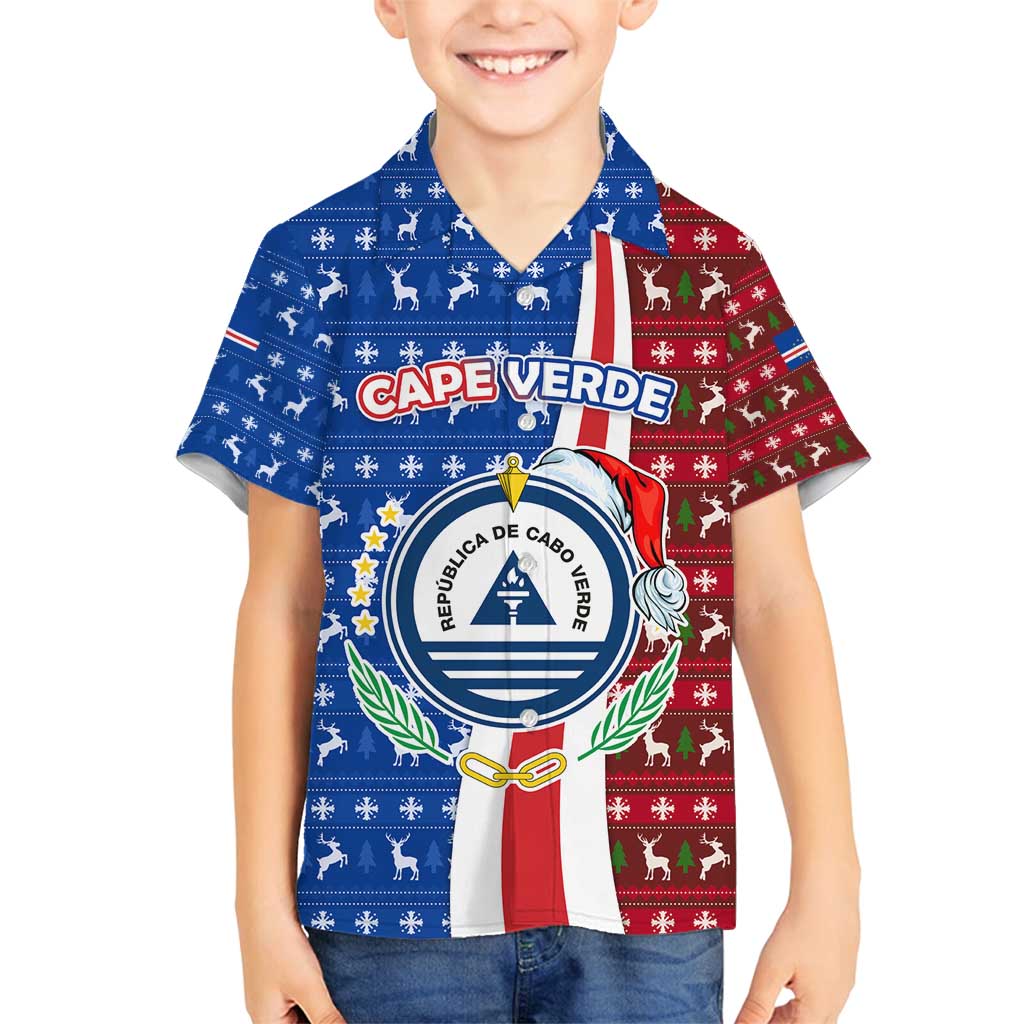 Cape Verde Christmas Family Matching Tank Maxi Dress and Hawaiian Shirt with Red and Blue Festive Pattern Christmas Tree and National Emblem Motif - Wonder Print Shop