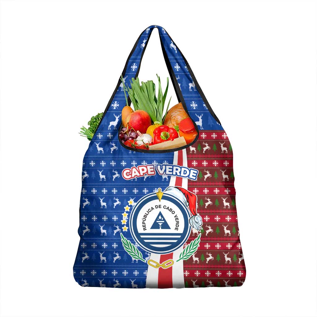 Cape Verde Christmas Grocery Bag with Red and Blue Festive Pattern Christmas Tree and National Emblem Motif - Wonder Print Shop