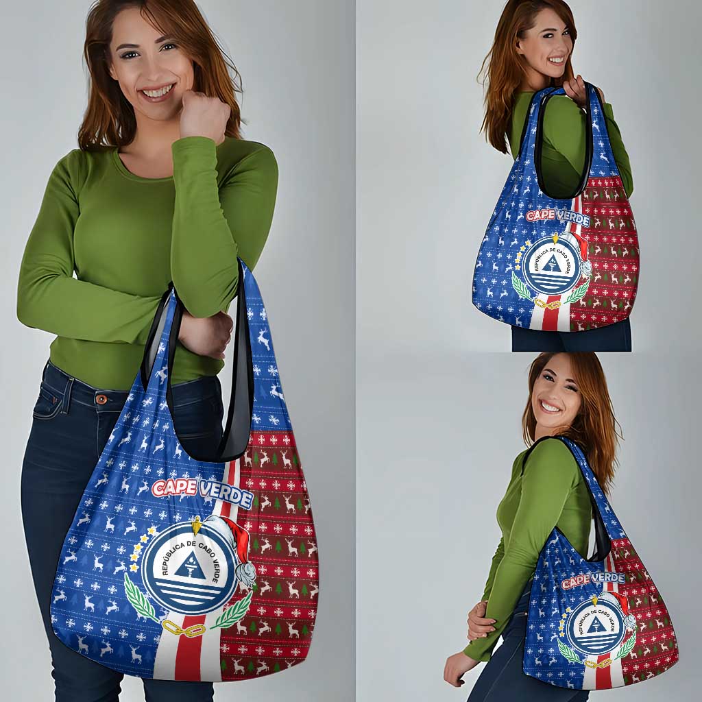 Cape Verde Christmas Grocery Bag with Red and Blue Festive Pattern Christmas Tree and National Emblem Motif - Wonder Print Shop
