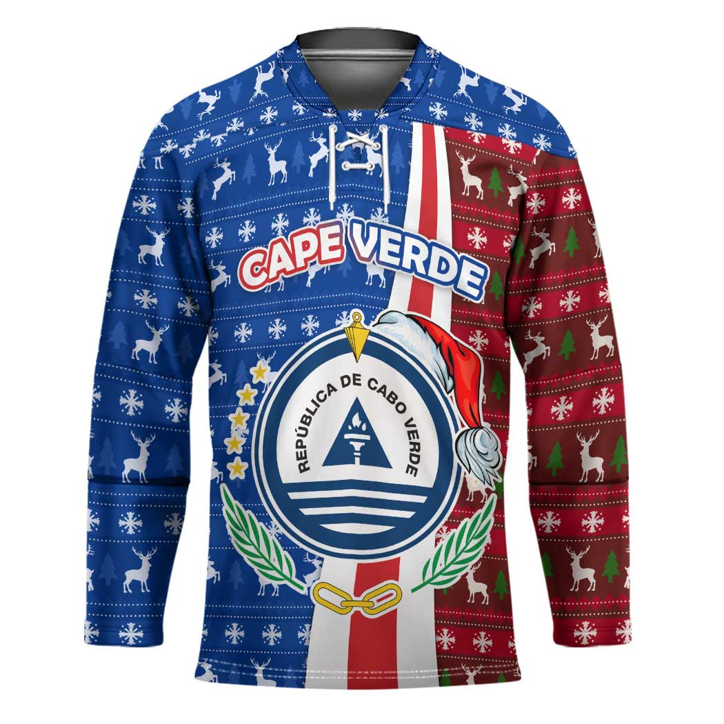 Cape Verde Christmas Hockey Jersey with Red and Blue Festive Pattern Christmas Tree and National Emblem Motif - Wonder Print Shop