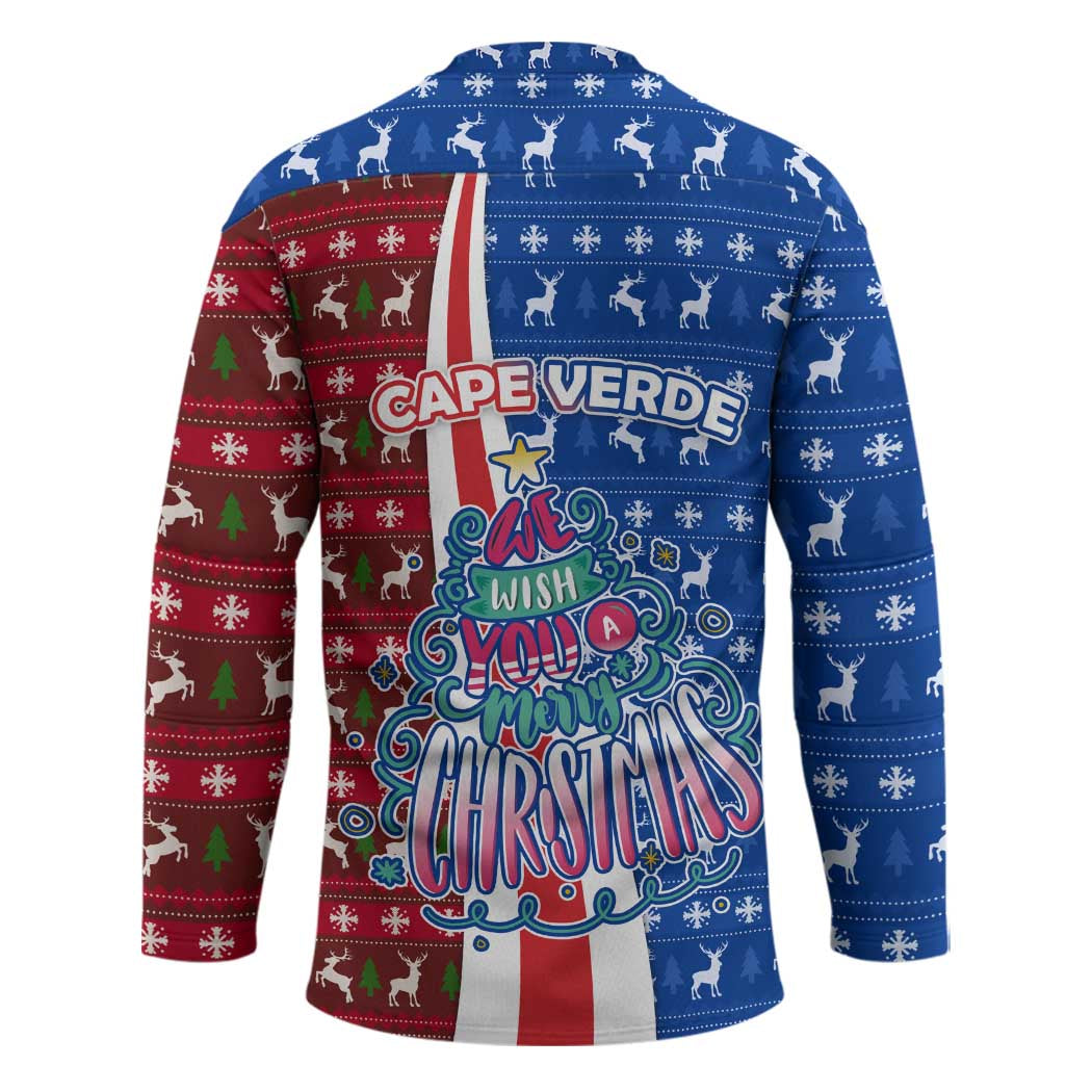 Cape Verde Christmas Hockey Jersey with Red and Blue Festive Pattern Christmas Tree and National Emblem Motif - Wonder Print Shop