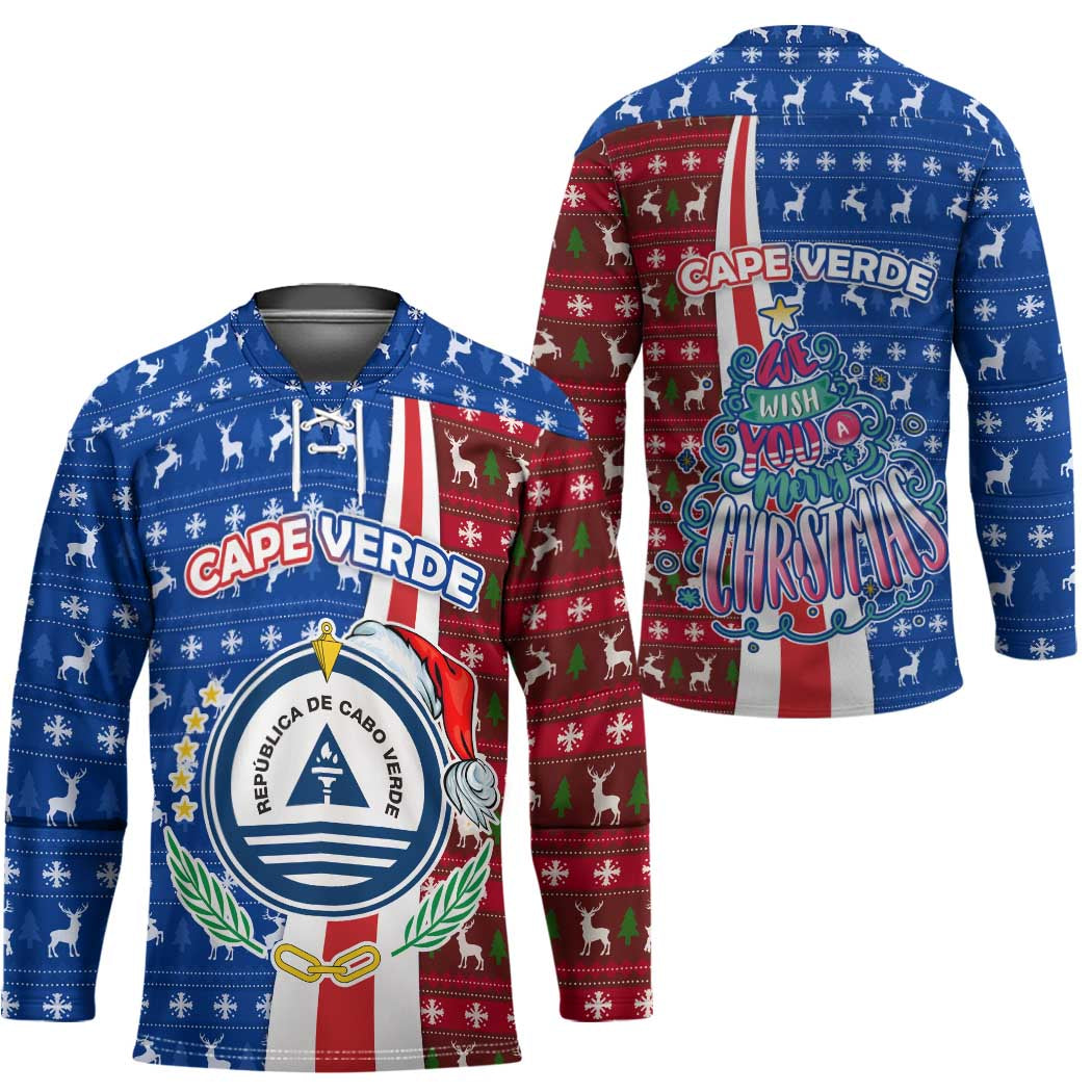 Cape Verde Christmas Hockey Jersey with Red and Blue Festive Pattern Christmas Tree and National Emblem Motif - Wonder Print Shop