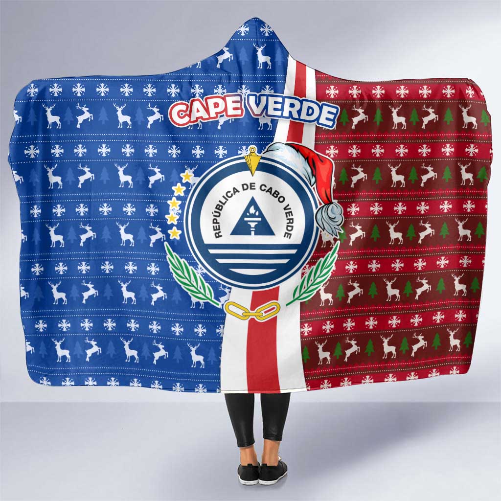 Cape Verde Christmas Hooded Blanket with Red and Blue Festive Pattern Christmas Tree and National Emblem Motif - Wonder Print Shop